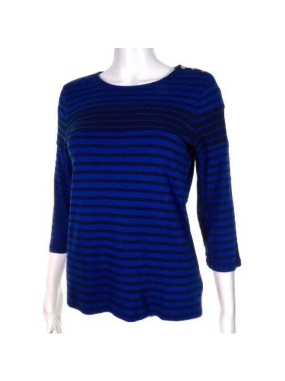 Charter Club Womens L Striped Blue & Black Pullover Top With Gold Button Accents